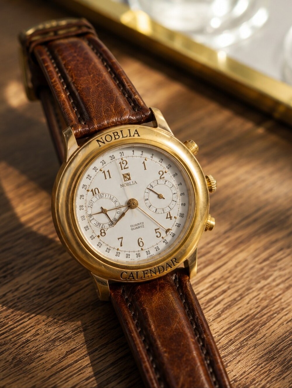 Citizen Gold-Tone Calendar Watch with Brown Leather Strap